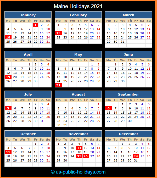 Maine Holiday Calendar 2021